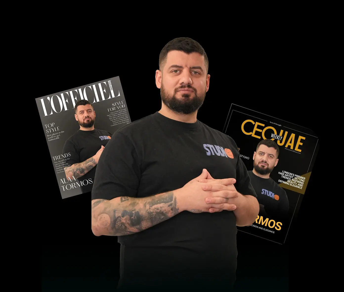 Alaa Tormos with magazine covers featuring him